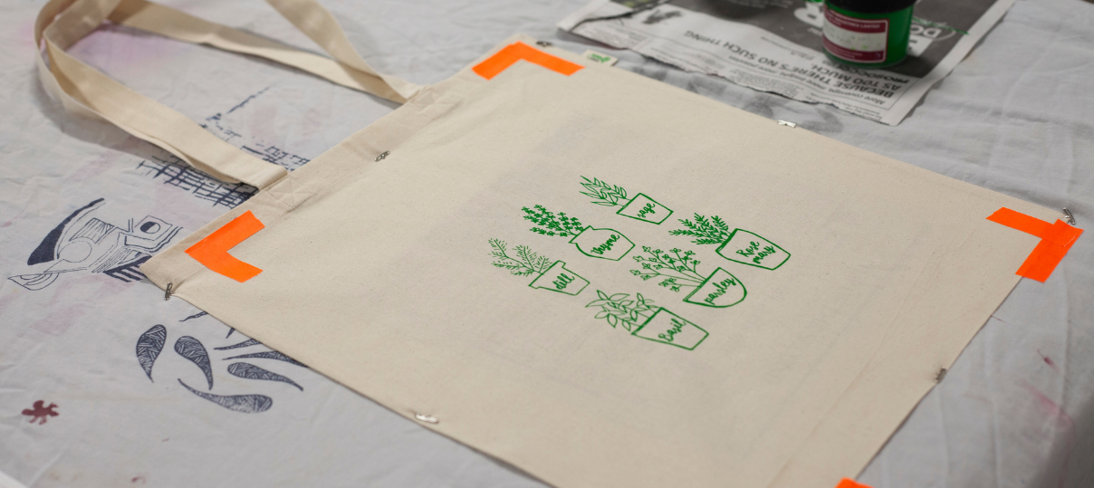 Screen printed design on a tote bag
