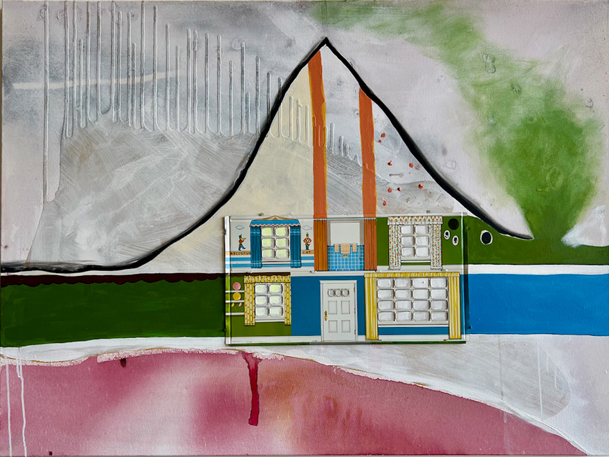 An abstract painting with magenta, green, and blue with a dollhouse cut-out collaged in the center.